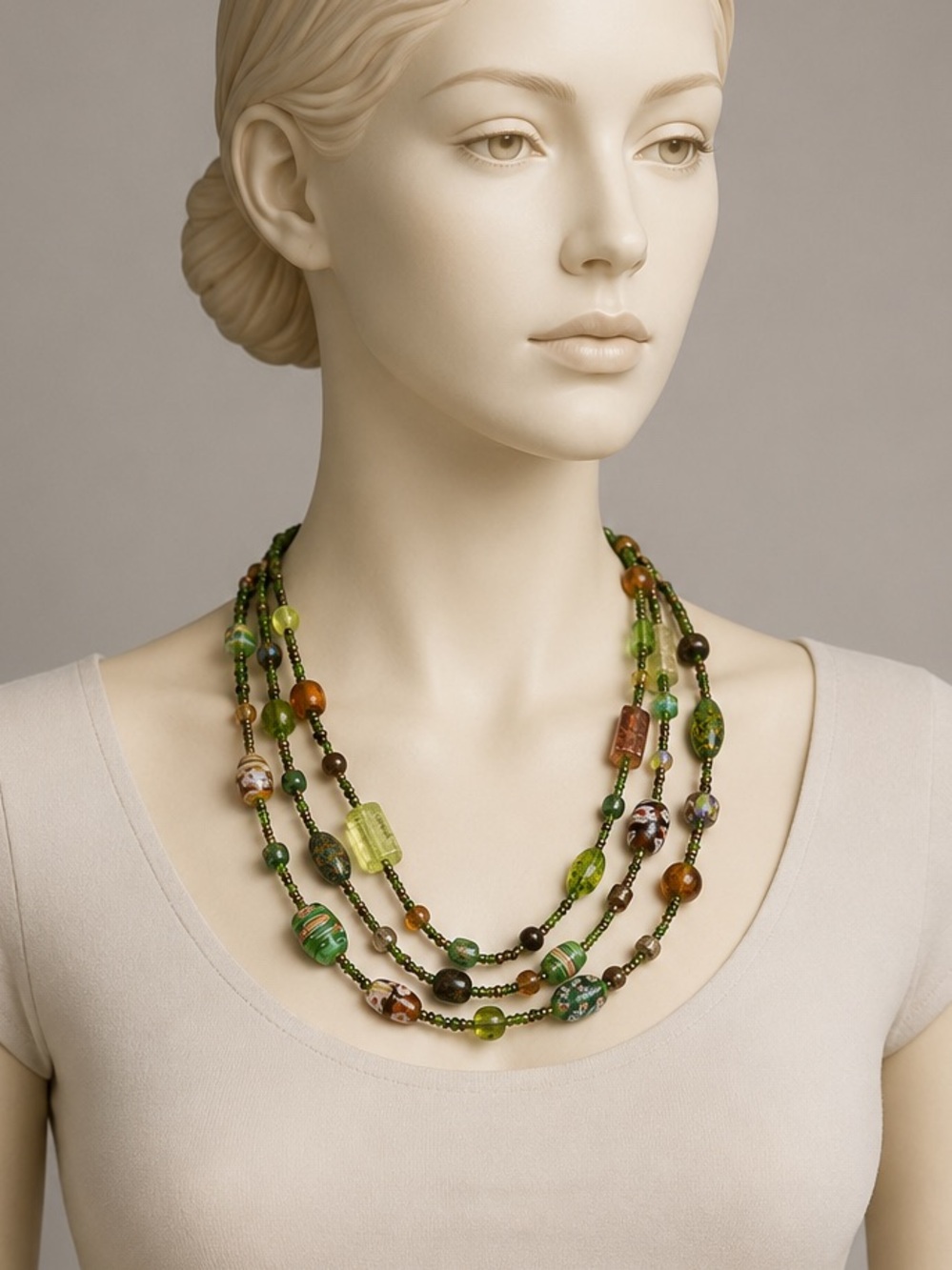Multistrand Millefiori Style Glass Bead Necklace Green Brown Artisan Statement
